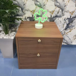 Mueble de madera cerrado con diseño elegante, fondo de mármol y planta decorativa