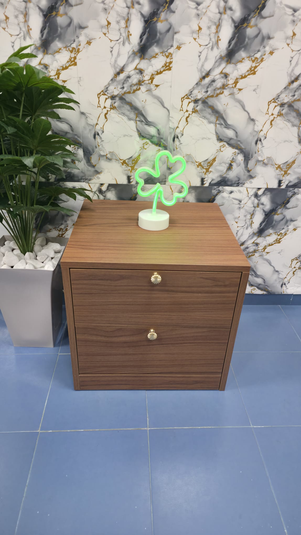 Mueble de madera cerrado con diseño elegante, fondo de mármol y planta decorativa